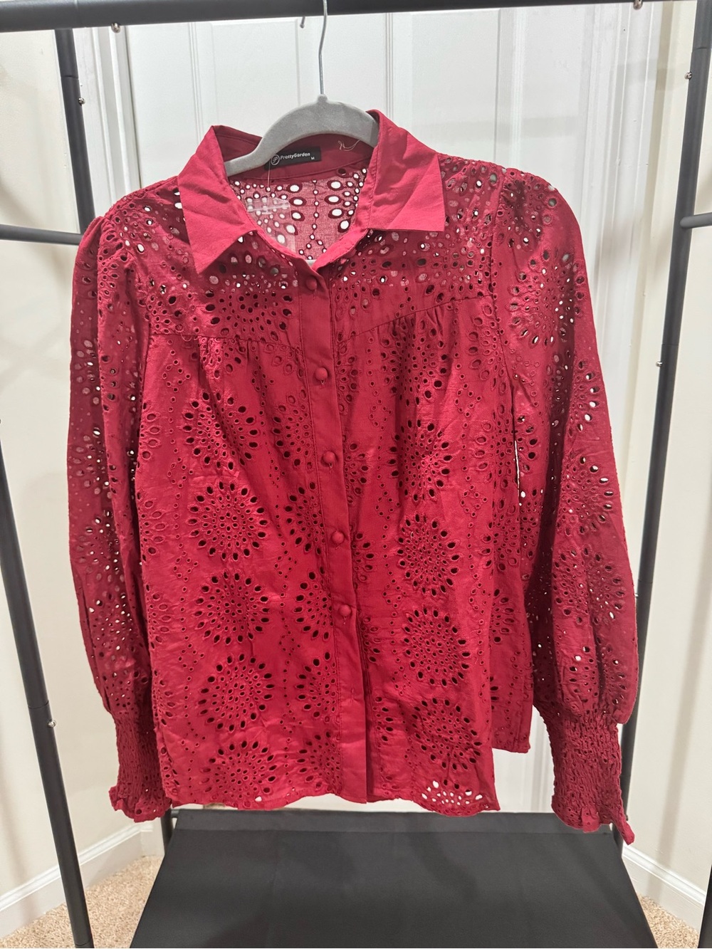 Women’s Red Eyelet Button-Front Blouse with Smocked Cuffs